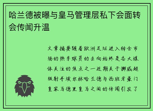 哈兰德被曝与皇马管理层私下会面转会传闻升温